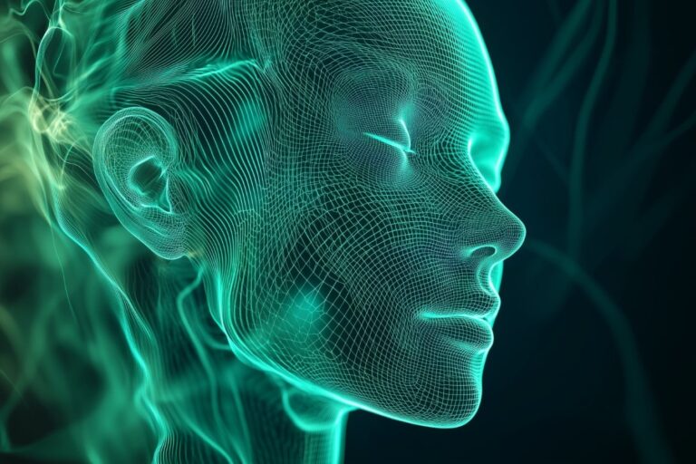 Wireframe rendering of a human head in profile, glowing in neon green