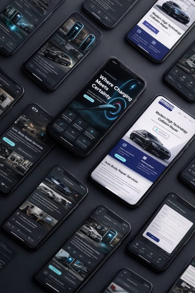 Grid of dark mobile app screens for an electric vehicle charging service