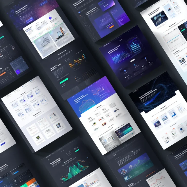 Grid of dark AI landing page mockups shown at an angle
