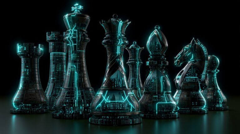 Chess pieces rendered as glowing teal wireframes on a dark background