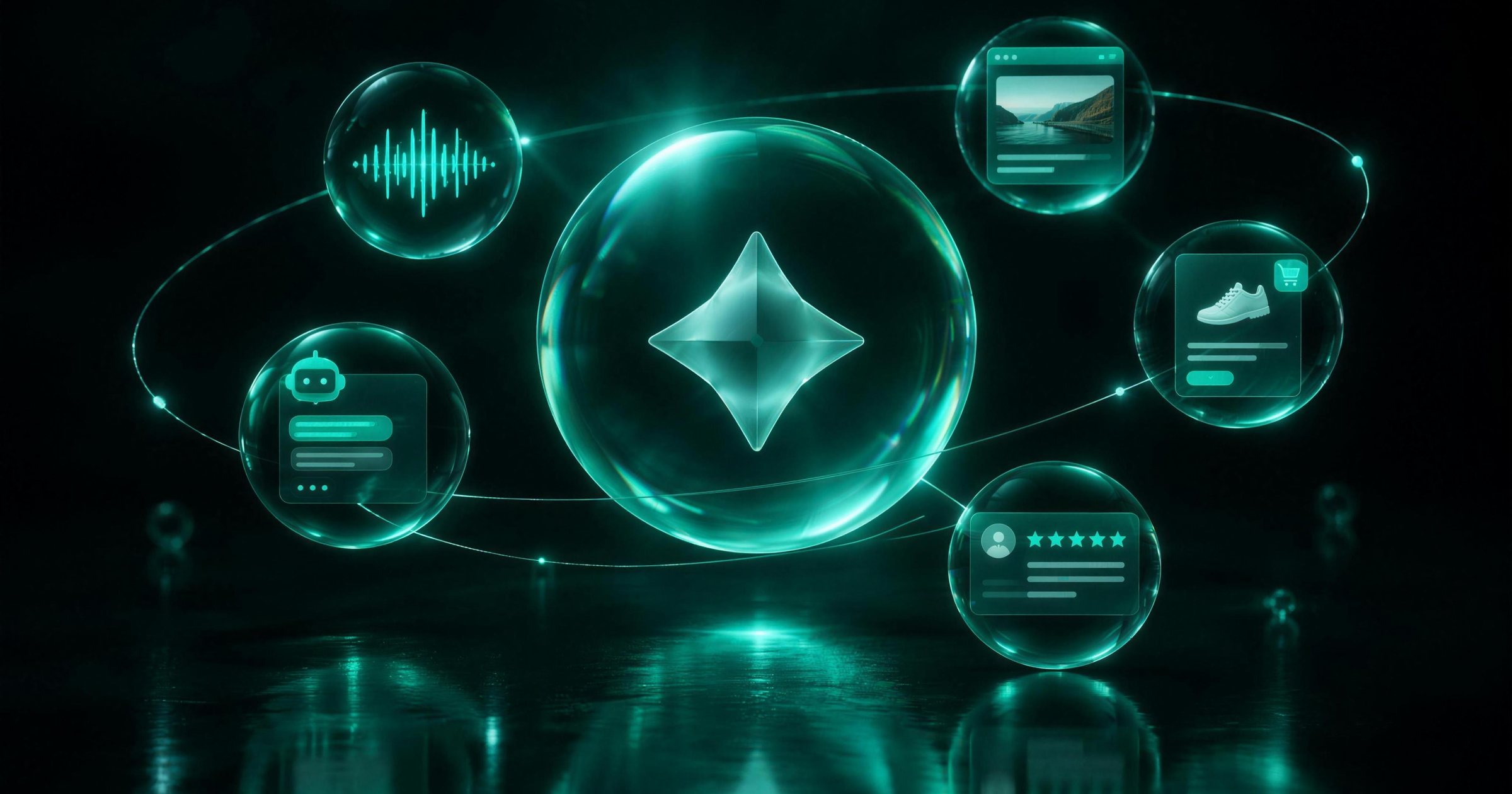 A frosted glass brand emblem seen through a mint lens that refracts it into a voice assistant, a chat agent, a website card, a shopping card and a review card