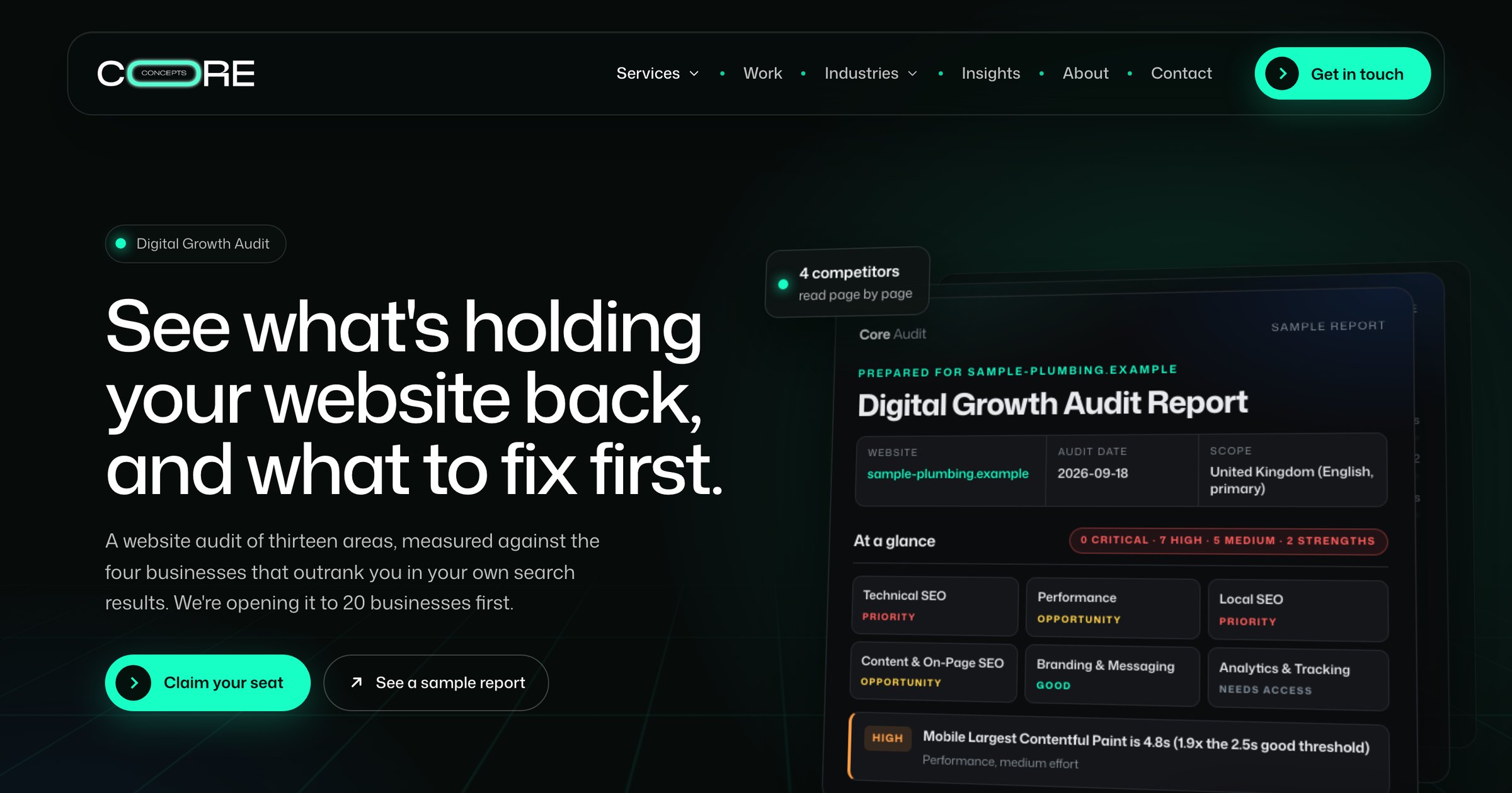 The Digital Growth Audit page with a sample report