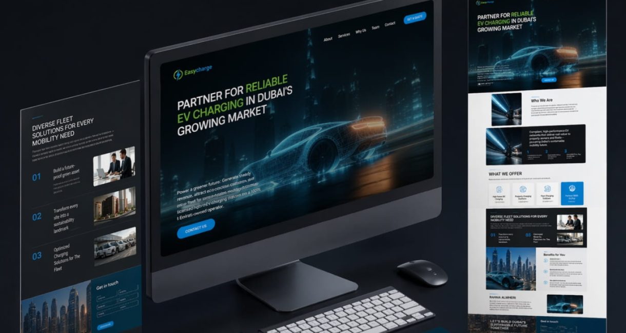 EV charging website shown across a monitor and mobile screens, headed Partner for Reliable EV Charging in Dubai's Growing Market