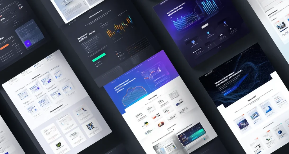 Grid of dark AI landing page mockups shown at an angle