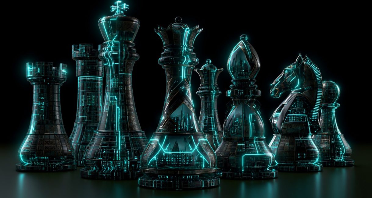 Chess pieces rendered as glowing teal wireframes on a dark background